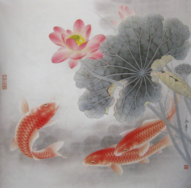 荷塘红鲤鱼国画背景