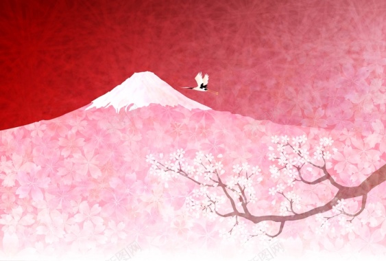 矢量复古日系樱花富士山仙鹤背景背景