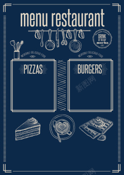 欧式手绘简约蓝色西餐厅菜单模板背景矢量图海报