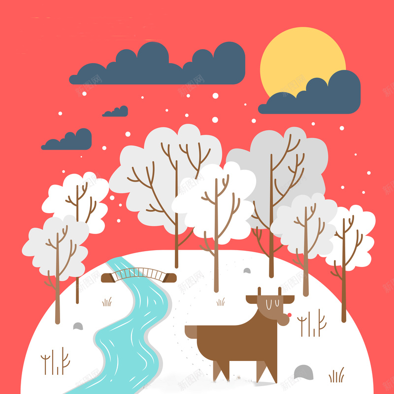 冬季森林雪景矢量图ai设计背景_88icon https://88icon.com 卡通 小河 手绘 温暖 童趣 雪 鹿 矢量图