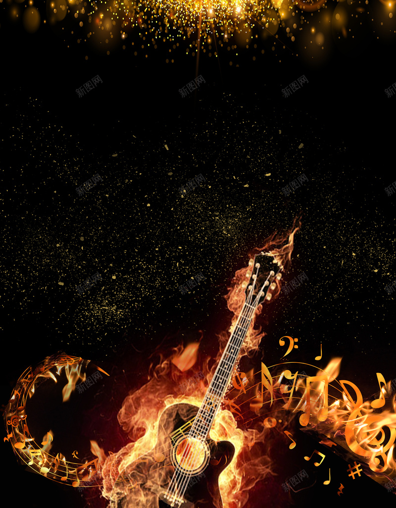 黑色大气金色吉他海报jpg设计背景_88icon https://88icon.com 吉他海报 大气 潮流 火焰 燃烧的音符 金粉 金色 音乐会 黑色 黑金