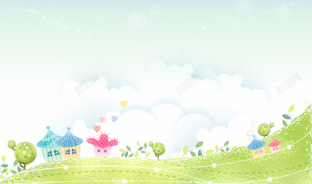 梦幻韩国风格手绘田野房子蓝天白云背景矢量图背景
