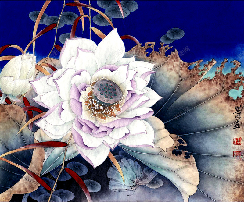 白荷花荷叶国画蓝调jpg设计背景_88icon https://88icon.com 白荷花 荷叶 荷塘 荷花国画 蓝调