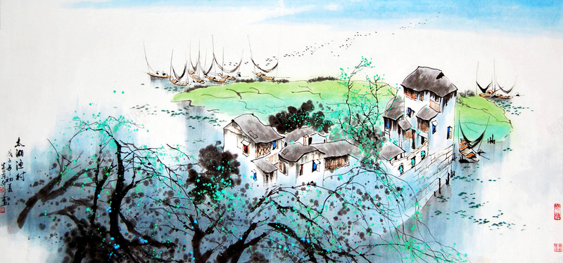 古风水墨村庄背景jpg设计背景_88icon https://88icon.com 中国风 古风 彩色 村庄 水墨 海报banner