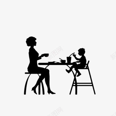 黑色剪影和妈妈老实吃饭的小孩素图标图标