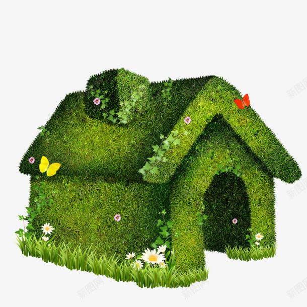 绿色的小屋png免抠素材_88icon https://88icon.com 小房子 烟囱 白色小花 绿叶砌成的小房子 绿色的野草 飞舞的蝴蝶