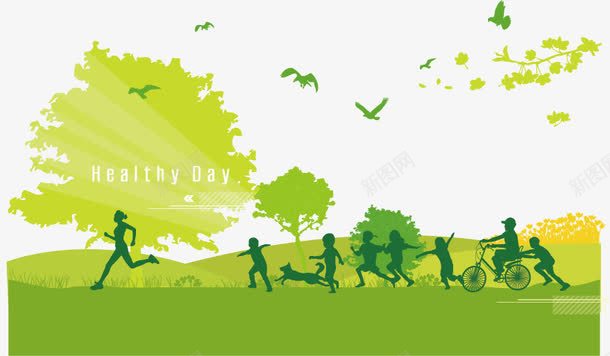 绿色生活png免抠素材_88icon https://88icon.com 人物剪影 大树 环保海报素材 环保素材 绿色 草地 跑步 跑步影子 运动