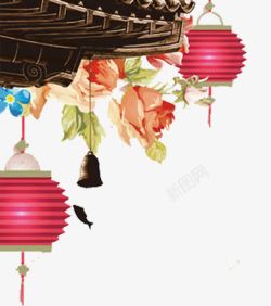 中国风传统楼台灯笼鲜花素材