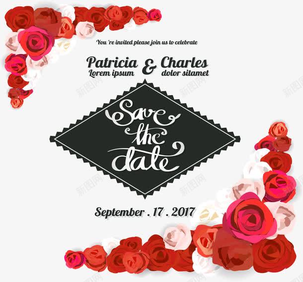 红玫瑰对角装饰邀请函png免抠素材_88icon https://88icon.com 婚礼邀请函 浪漫玫瑰 矢量素材 红玫瑰装饰 结婚请帖