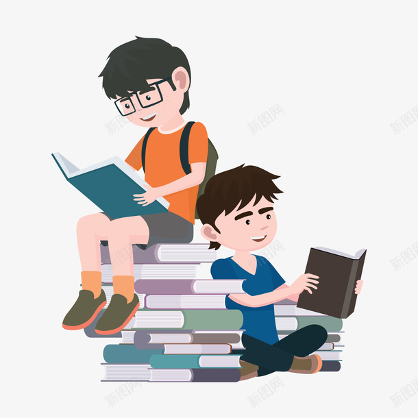 手绘卡通儿童看书png免抠素材_88icon https://88icon.com 两个可爱男孩 两兄弟 书本 厚厚的书籍 大学生读书 学习 看书 读书