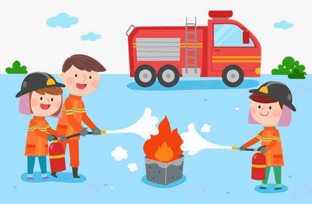 消防卡通人物png免抠素材_88icon https://88icon.com 云朵 云梯车 卡通人物 卡通出场 卡通消防员救援 消火栓使用方法 消防员 消防栓 消防车 火苗 灭火