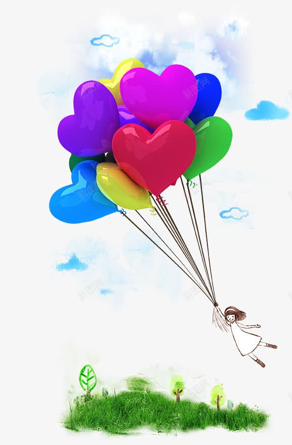 手拿气球飞翔的女孩png免抠素材_88icon https://88icon.com 人物 女孩 手拿气球 爱心气球 白云 飞翔