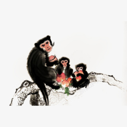中国风水墨画三只猴子抱桃坐树干素材