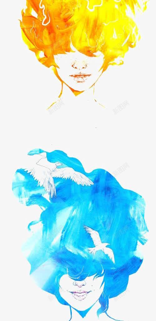 女生头像png免抠素材_88icon https://88icon.com 创意 手绘 水彩 火焰头发女生 红发女生 蓝色海洋头发女生