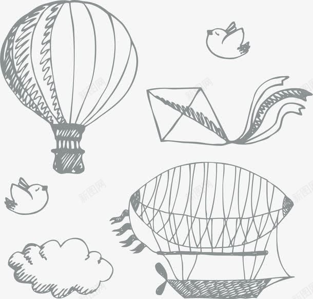 手绘空中的热气球png免抠素材_88icon https://88icon.com 小鸟 手绘风 热气球 矢量png 空气球 风筝 飞船