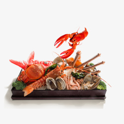 海鲜的螃蟹黑色盘子里的海鲜美食高清图片
