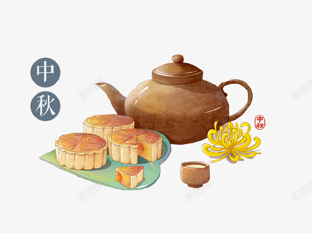 手绘中秋美食小吃插画psd免抠素材_88icon https://88icon.com 中秋 小吃 手绘 插画 月饼 美食 茶壶 茶杯