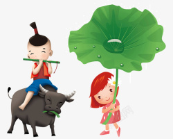 小女孩骑木马卡通手绘牧童骑牛童趣清明节高清图片