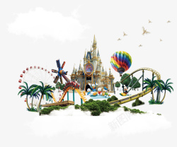 城堡彩虹热气球悬浮岛游乐园矢量图高清图片