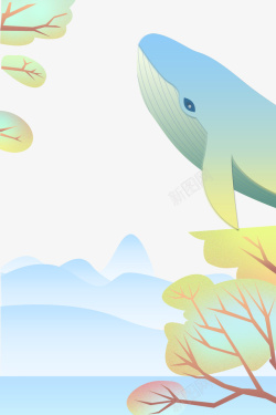 梦幻云海中的鲸鱼蓝色主题边框背素材