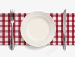 红格子桌布餐具高清图片
