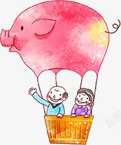 粉色卡通插画小猪热气球素材