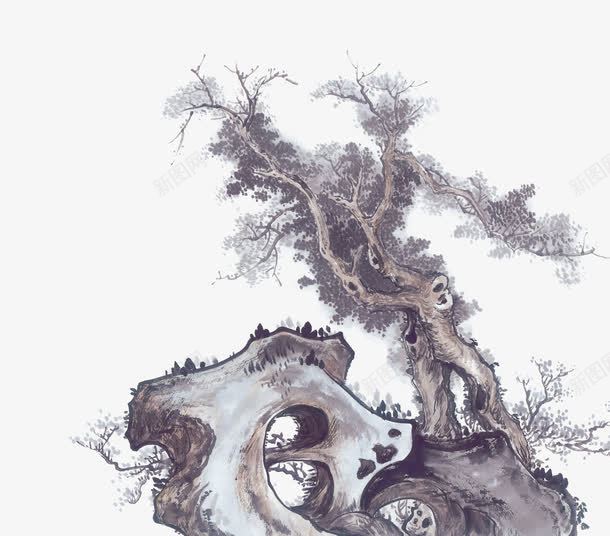 中式风格png免抠素材_88icon https://88icon.com 中国画 中国风 中式风格 国画 树木 石头