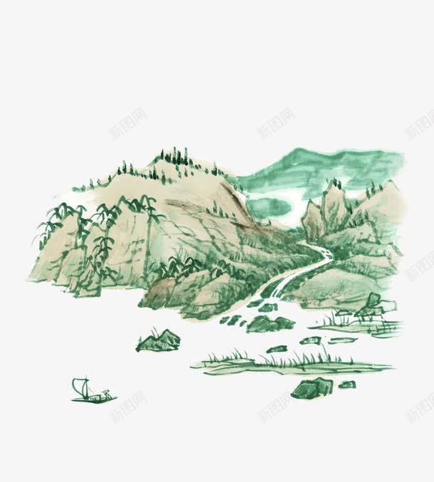 水墨山水画png免抠素材_88icon https://88icon.com 一副 卡通 大山 山坡 山水画 水墨 绿树 绿色