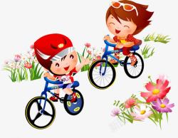 花丛中的小朋友花丛中骑自行车的卡通小朋友高清图片