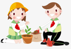 手绘种植物的男孩女孩素材