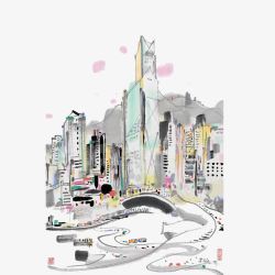 城市水墨画水墨画彩色香港高清图片