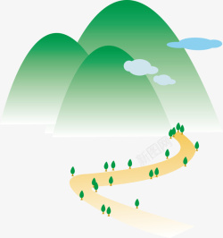 山坡与树木手绘边框绿色卡通山路矢量图高清图片