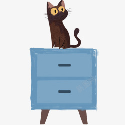 灰蓝色卡通手绘猫咪与柜子高清图片