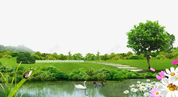 草地河流背景psd免抠素材_88icon https://88icon.com 春天风景 树木 格桑花 青草 鸭子