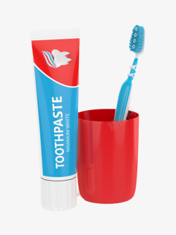 牙膏管放在红色杯子里的牙刷和蓝色包装高清图片