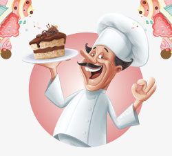 卡通房背景美食卡通手拿巧克力蛋糕的糕点师高清图片