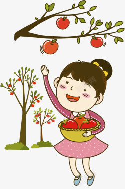 卡通苹果树摘苹果的女孩高清图片