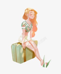 欧美卡通坐在行李箱上的女孩高清图片