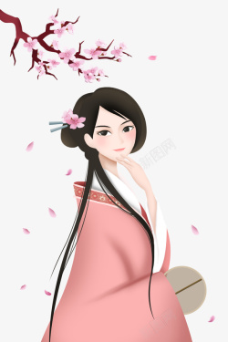 美人插画中国风清新春天桃花节古典美人插高清图片