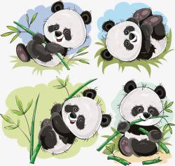 吃竹子手绘四个大熊猫高清图片