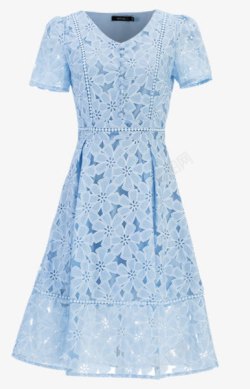 v领白色镂空蕾丝蓝色裙子高清图片