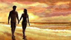 宁静大海装饰画海边手牵手的情侣油画高清图片