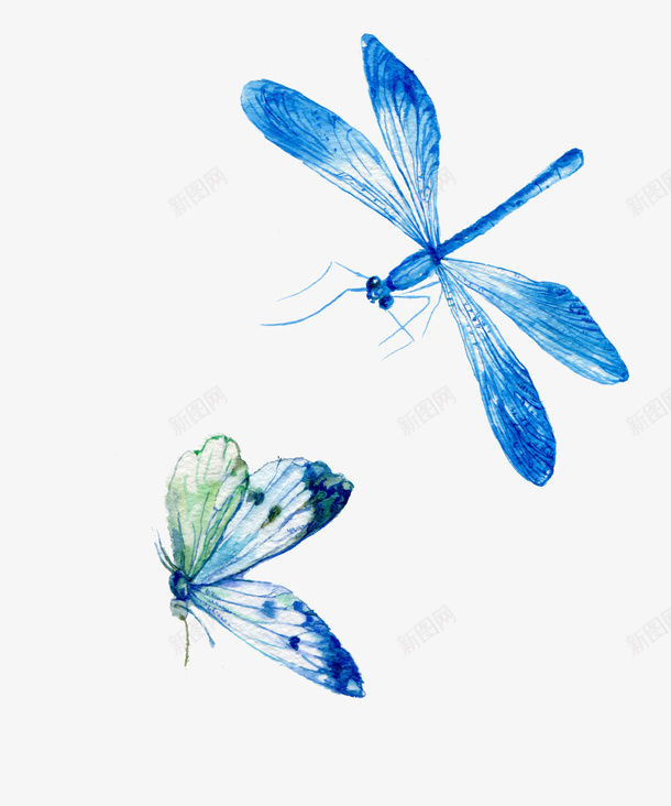 水彩蓝色蜻蜓和蝴蝶png免抠素材_88icon https://88icon.com 手绘图 水彩 美丽的 翅膀 蜻蜓 蝴蝶 飞舞