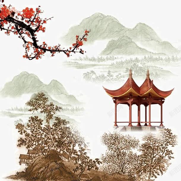 山水风景png免抠素材_88icon https://88icon.com 凉亭 古典 梅花 水墨