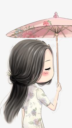 唯美旗袍手绘撑伞的小女孩高清图片