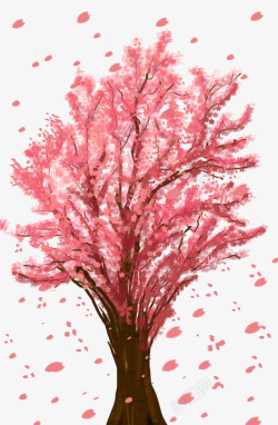 手绘粉色桃花树飞扬的花瓣素材