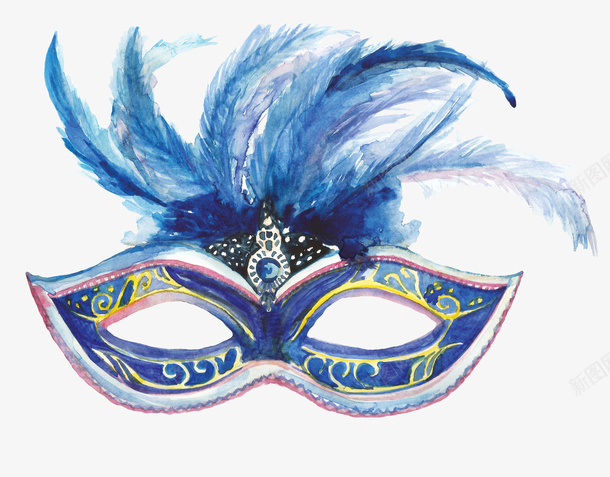 卡通手绘蓝色面具png免抠素材_88icon https://88icon.com 创意 动漫动画 卡通手绘 简约 羽毛 蓝色面具