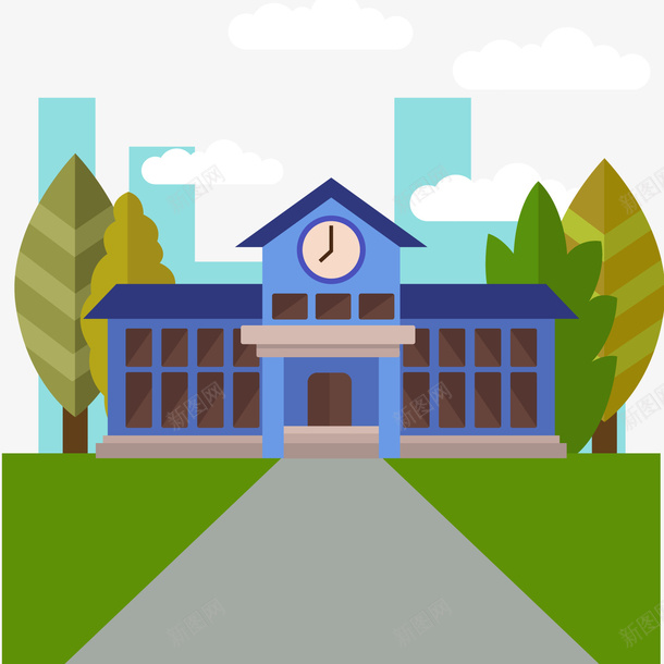 创意学校门口风景矢量图ai免抠素材_88icon https://88icon.com 卡通 学校 树木 校园 校园风景 绿色草地 背景装饰 矢量图