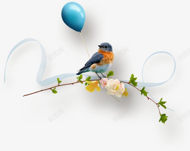 蓝色鸟儿站枝头png免抠素材_88icon https://88icon.com 丝带 树枝 植物 花朵 蓝色气球 蓝鸟 装饰