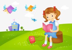 有翅膀小女孩认真看书的小女孩高清图片